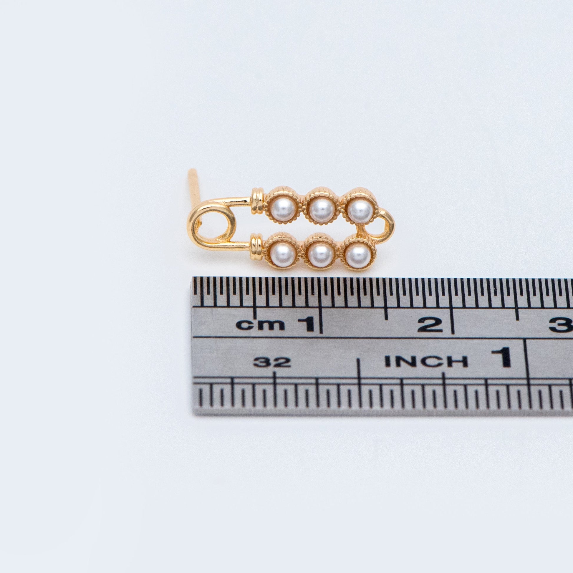 10pcs Gold plated Brass Safety Pin Stud Earring, Faux Pearl Ear Posts with Loop (GB-727)