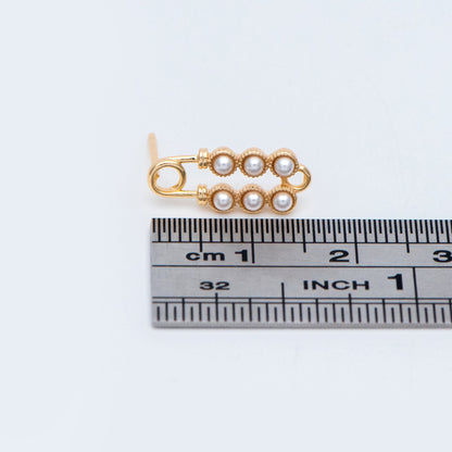 10pcs Gold plated Brass Safety Pin Stud Earring, Faux Pearl Ear Posts with Loop (GB-727)