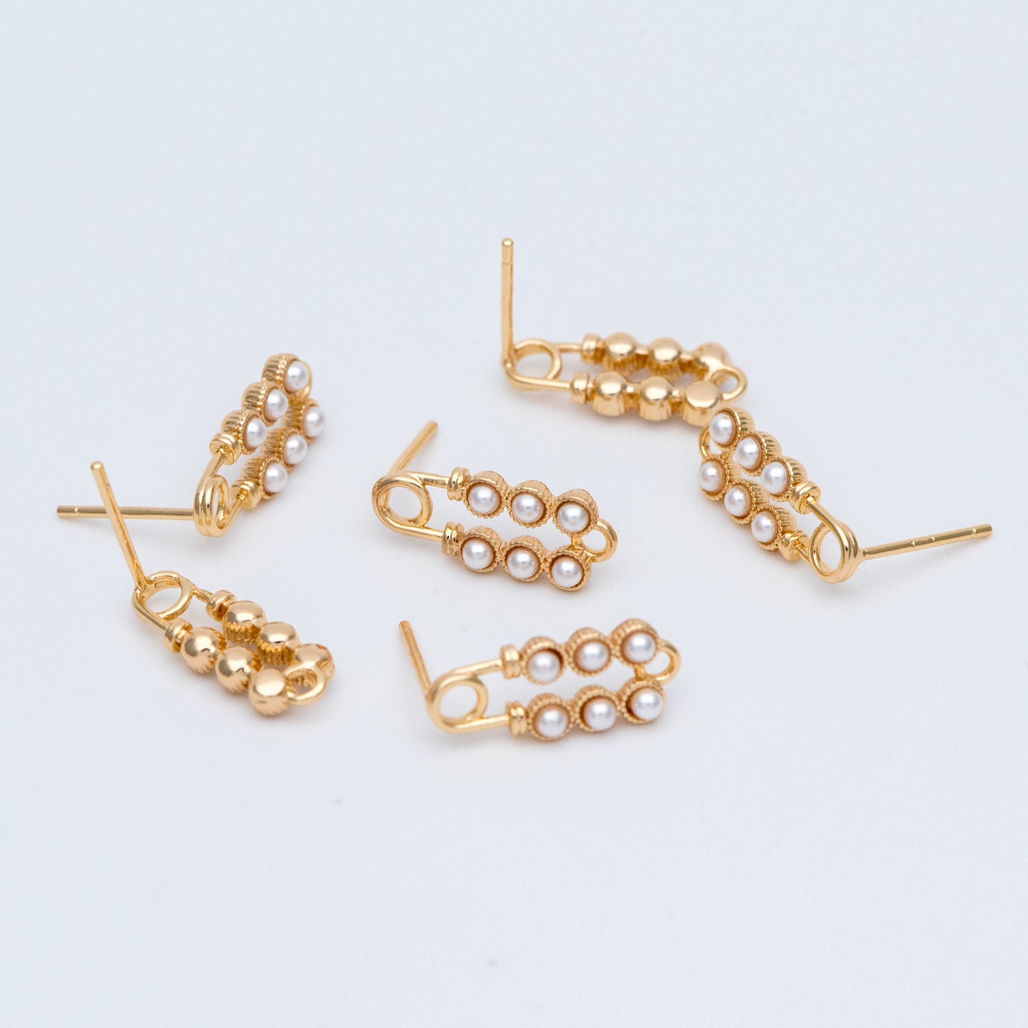10pcs Gold plated Brass Safety Pin Stud Earring, Faux Pearl Ear Posts with Loop (GB-727)