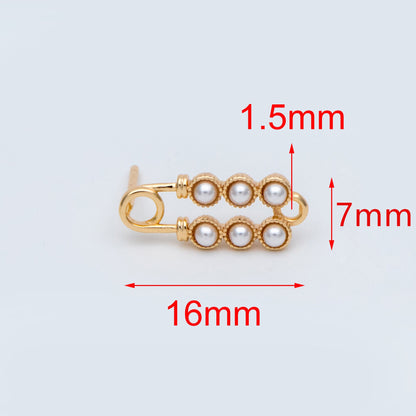 10pcs Gold plated Brass Safety Pin Stud Earring, Faux Pearl Ear Posts with Loop (GB-727)