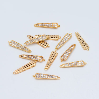 4pcs CZ Micro Pave Bar Connectors 17mm, Real Gold plated Brass, Cubic Zirconia Stick Charm Pendants (GB-731)