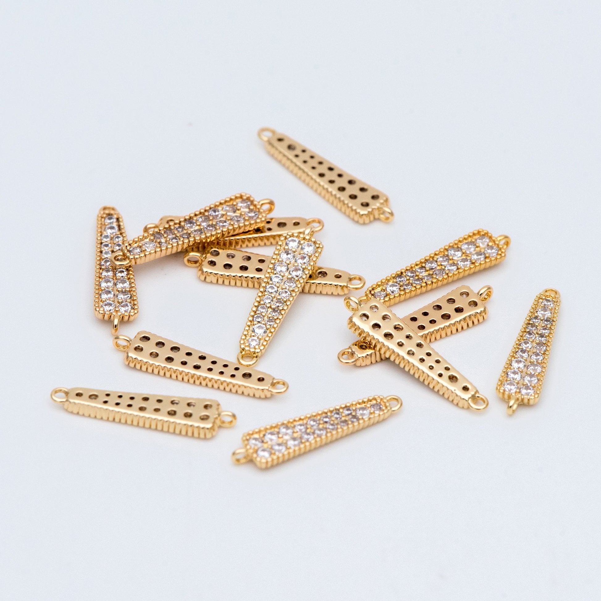 4pcs CZ Micro Pave Bar Connectors 17mm, Real Gold plated Brass, Cubic Zirconia Stick Charm Pendants (GB-731)
