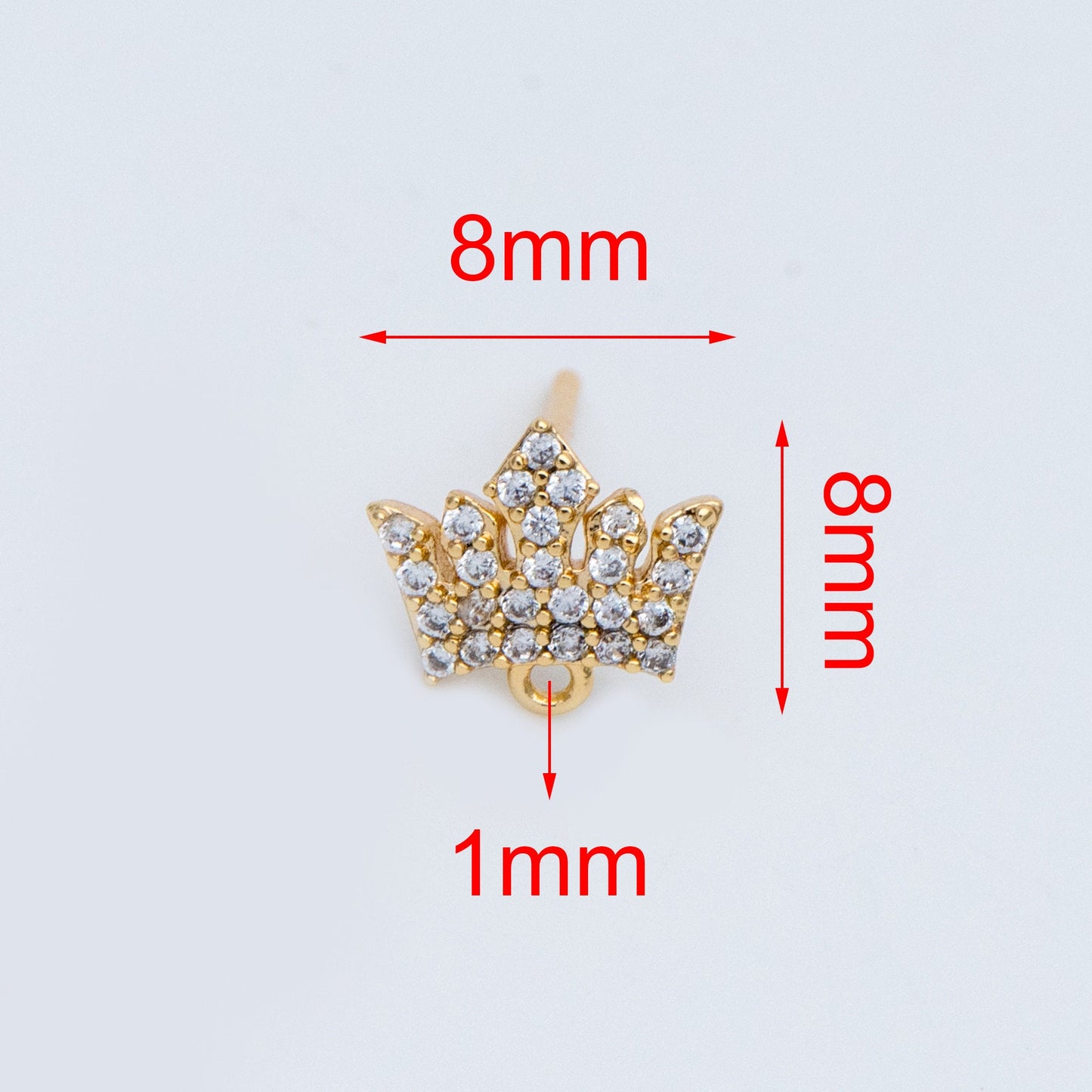 4pcs CZ Pave Crown Ear Posts 8mm with Loops, Real Gold Plated Brass Stud Earrings (#GB-733)