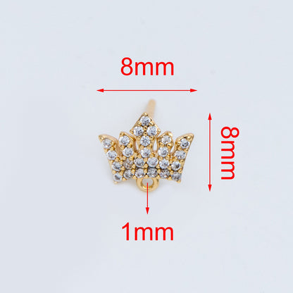 4pcs CZ Pave Crown Ear Posts 8mm with Loops, Real Gold Plated Brass Stud Earrings (#GB-733)