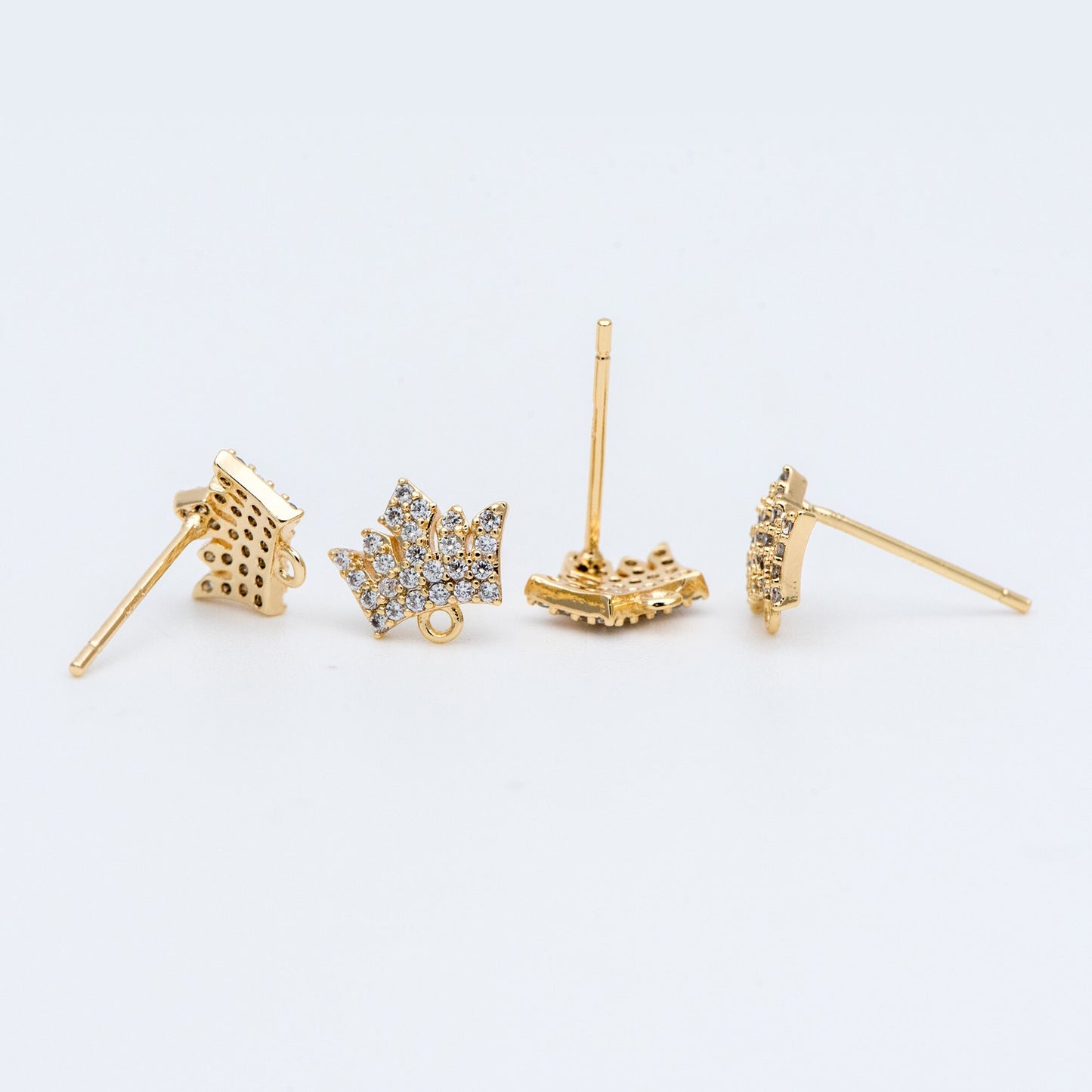 4pcs CZ Pave Crown Ear Posts 8mm with Loops, Real Gold Plated Brass Stud Earrings (#GB-733)