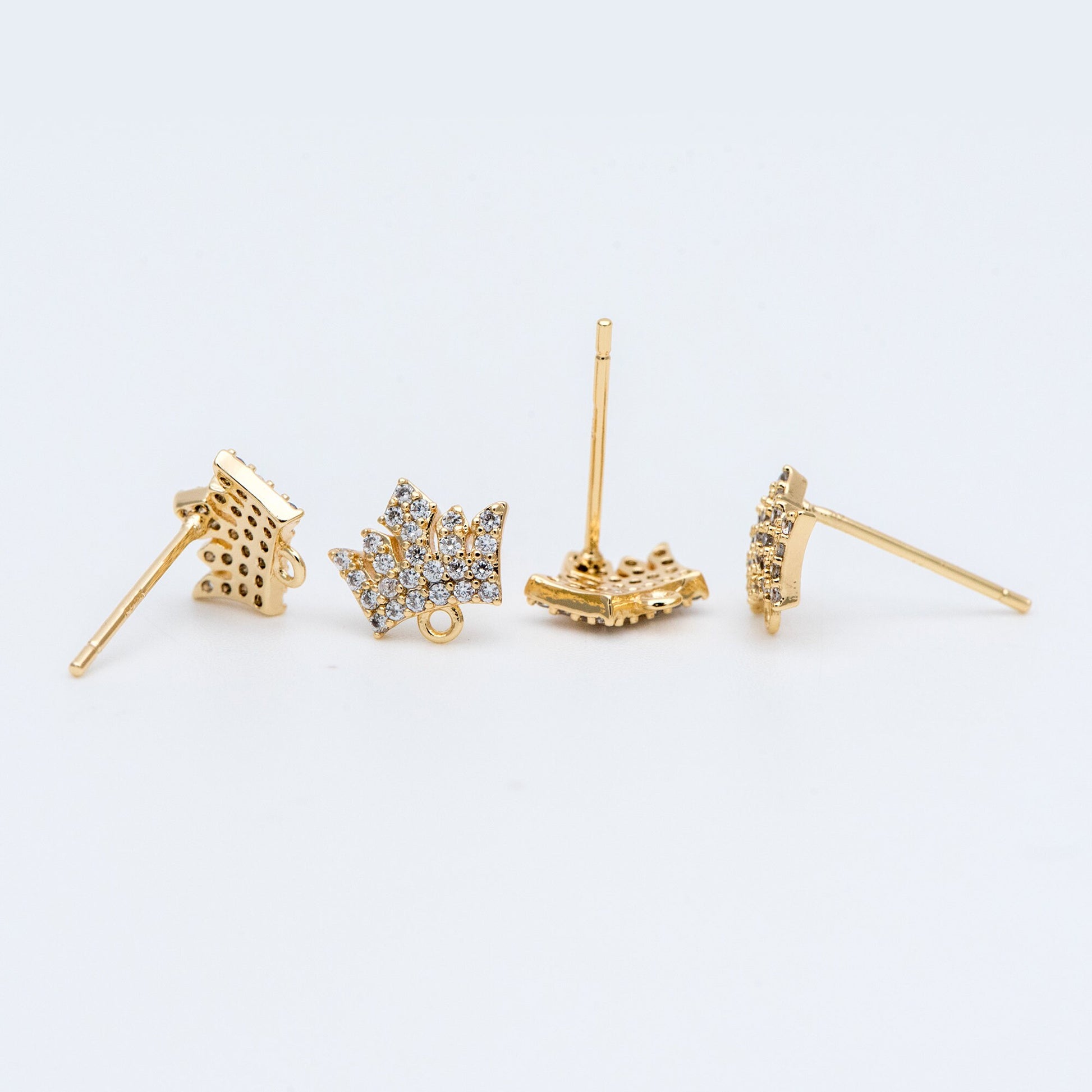 4pcs CZ Pave Crown Ear Posts 8mm with Loops, Real Gold Plated Brass Stud Earrings (#GB-733)