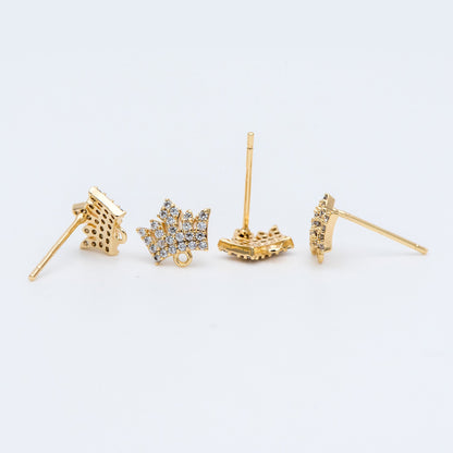 4pcs CZ Pave Crown Ear Posts 8mm with Loops, Real Gold Plated Brass Stud Earrings (#GB-733)