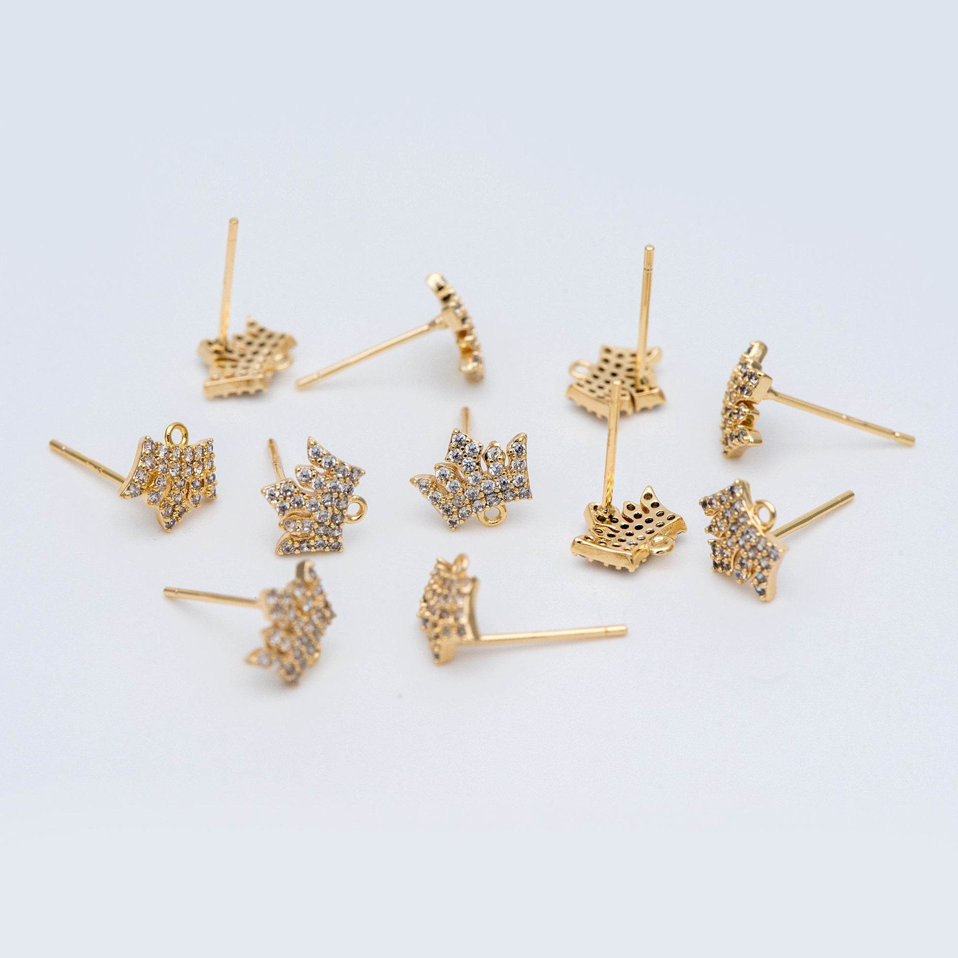 4pcs CZ Pave Crown Ear Posts 8mm with Loops, Real Gold Plated Brass Stud Earrings (#GB-733)