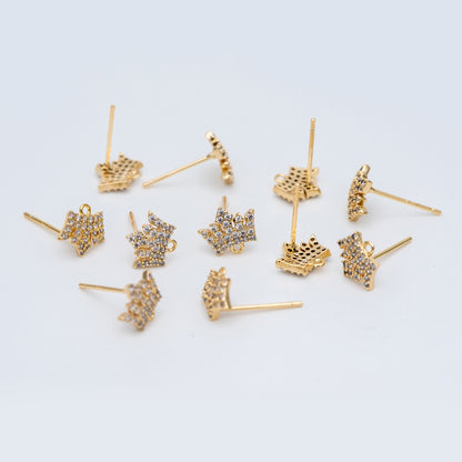 4pcs CZ Pave Crown Ear Posts 8mm with Loops, Real Gold Plated Brass Stud Earrings (#GB-733)