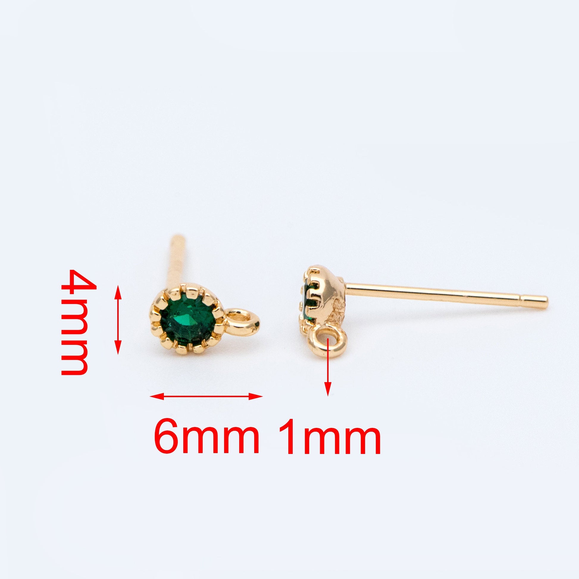 10pcs Red/ Emerald Rhinestone Ear Posts 4mm, CZ Stud Earring with Loops, 18K Gold plated Brass Ear Findings (#GB-781)