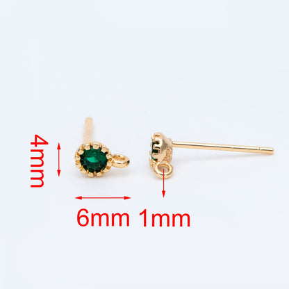 10pcs Red/ Emerald Rhinestone Ear Posts 4mm, CZ Stud Earring with Loops, 18K Gold plated Brass Ear Findings (#GB-781)