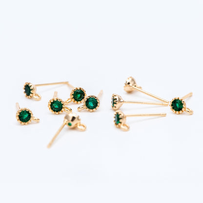 10pcs Red/ Emerald Rhinestone Ear Posts 4mm, CZ Stud Earring with Loops, 18K Gold plated Brass Ear Findings (#GB-781)