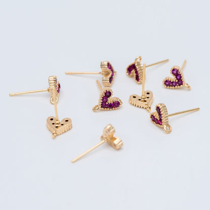10pcs CZ Pave Gold Heart Ear Posts, 18K Gold plated Brass, Purple Heart Stud Earrings (GB-765)