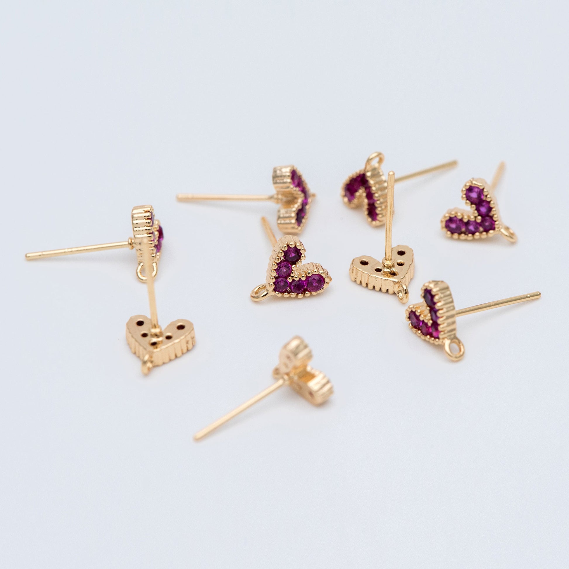 10pcs CZ Pave Gold Heart Ear Posts, 18K Gold plated Brass, Purple Heart Stud Earrings (GB-765)