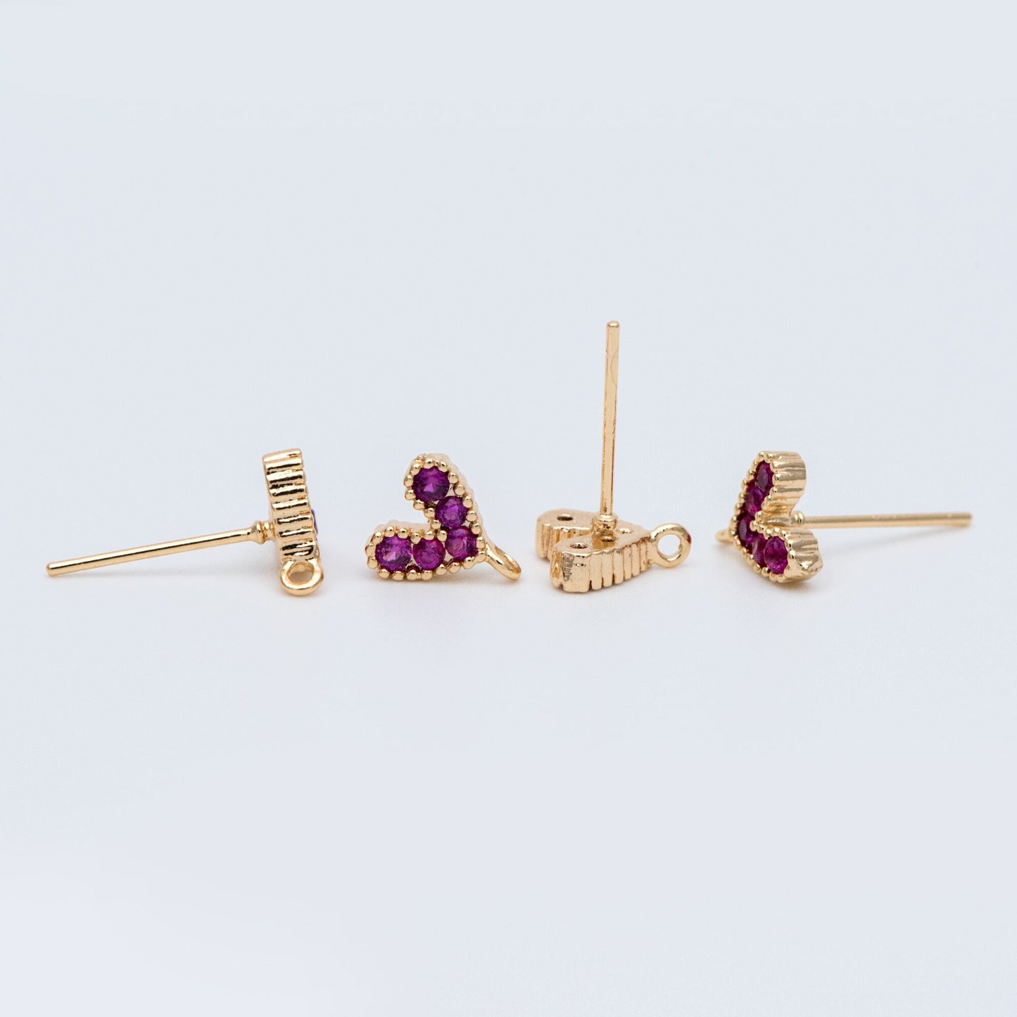 10pcs CZ Pave Gold Heart Ear Posts, 18K Gold plated Brass, Purple Heart Stud Earrings (GB-765)