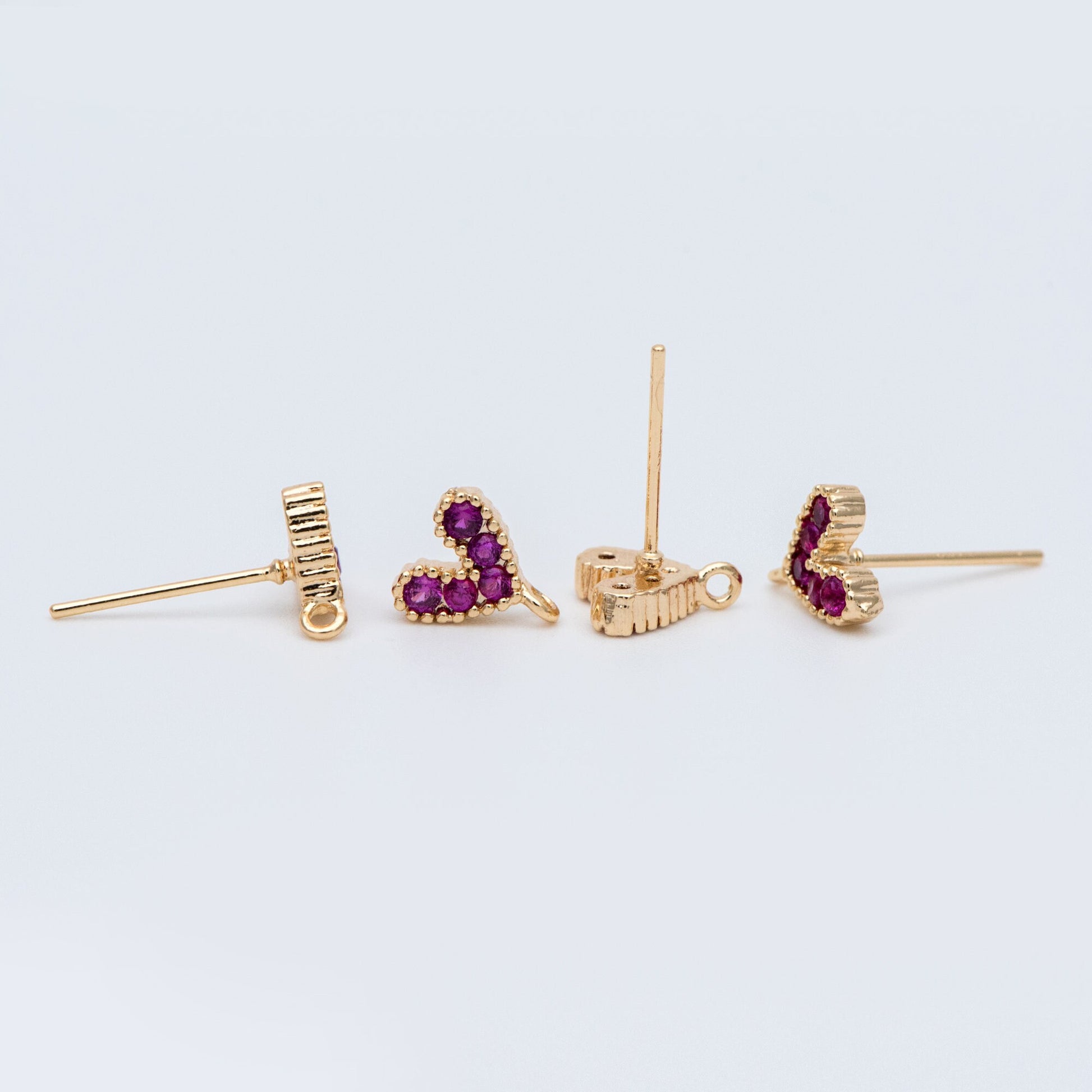 10pcs CZ Pave Gold Heart Ear Posts, 18K Gold plated Brass, Purple Heart Stud Earrings (GB-765)