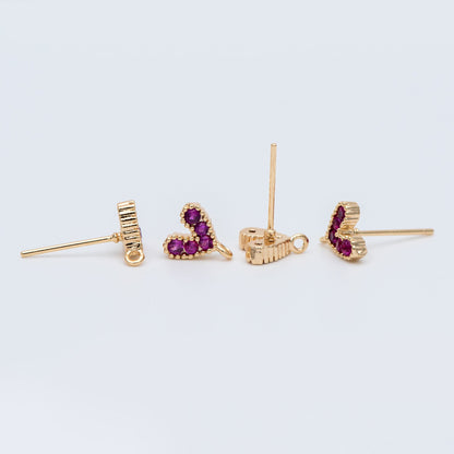 10pcs CZ Pave Gold Heart Ear Posts, 18K Gold plated Brass, Purple Heart Stud Earrings (GB-765)