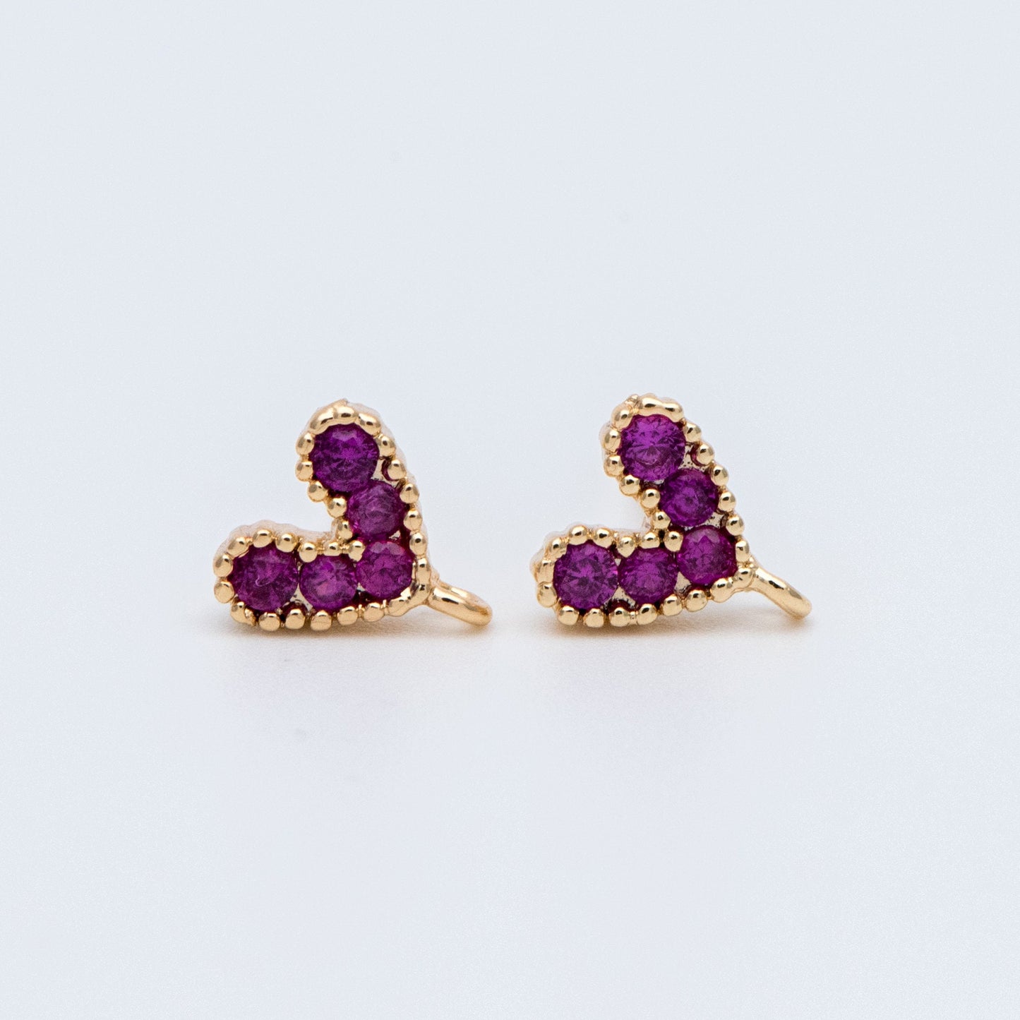 10pcs CZ Pave Gold Heart Ear Posts, 18K Gold plated Brass, Purple Heart Stud Earrings (GB-765)