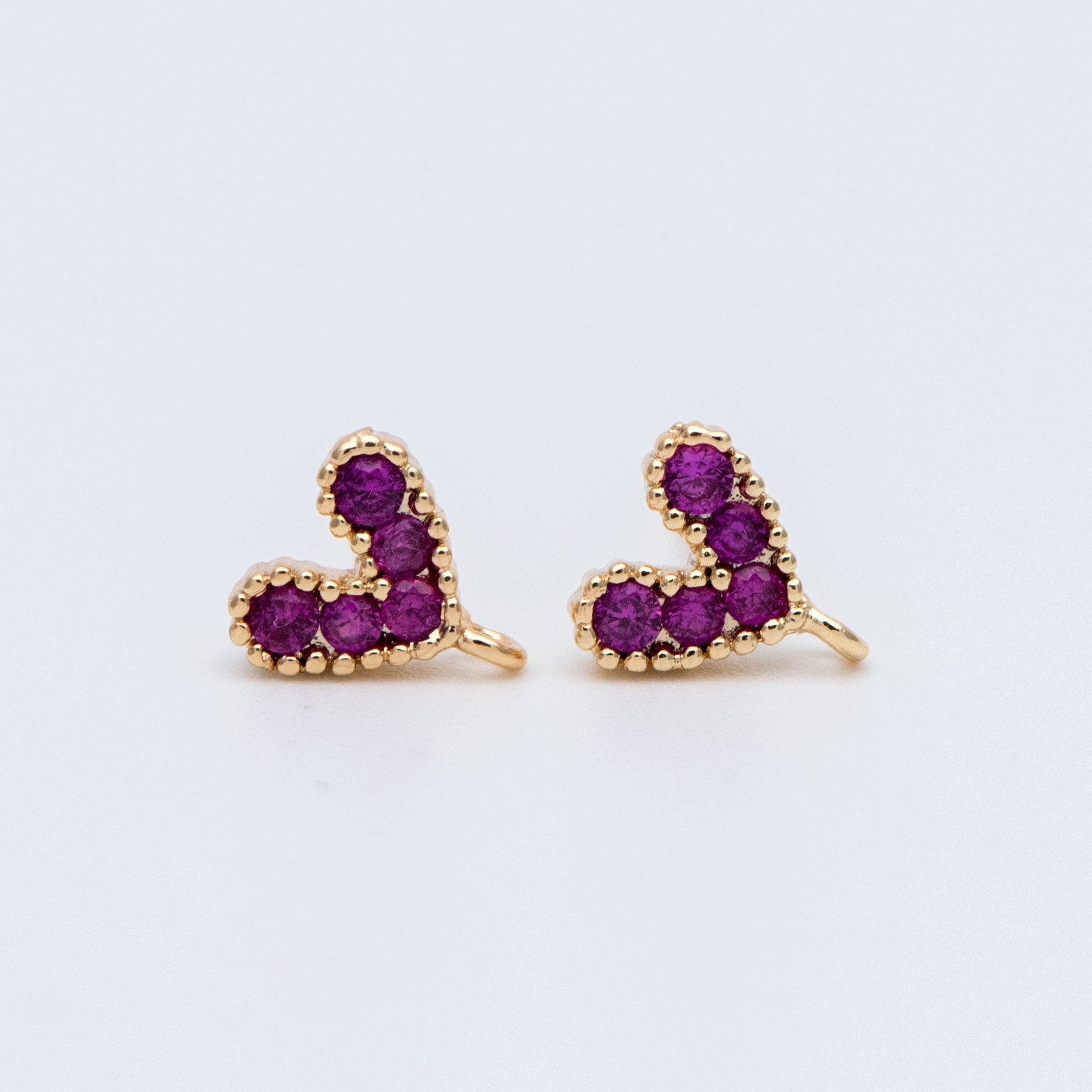 10pcs CZ Pave Gold Heart Ear Posts, 18K Gold plated Brass, Purple Heart Stud Earrings (GB-765)