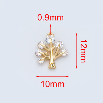 10pcs CZ pave Gold Tree Charms 12x10mm, 18K Gold plated Brass Plant Pendants (GB-771)