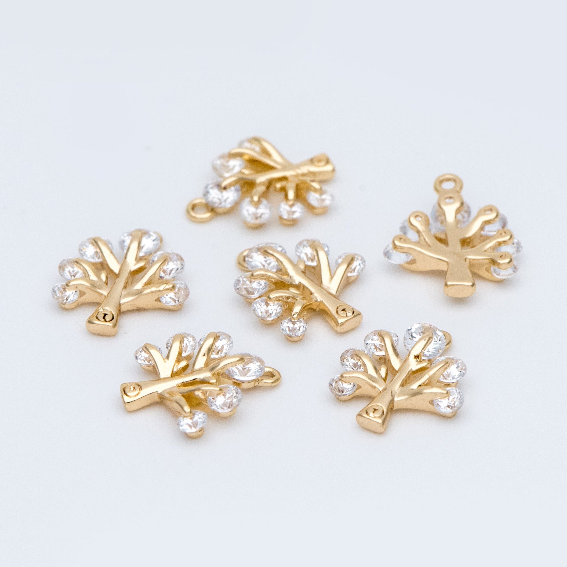 10pcs CZ pave Gold Tree Charms 12x10mm, 18K Gold plated Brass Plant Pendants (GB-771)