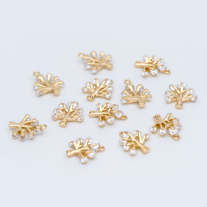 10pcs CZ pave Gold Tree Charms 12x10mm, 18K Gold plated Brass Plant Pendants (GB-771)