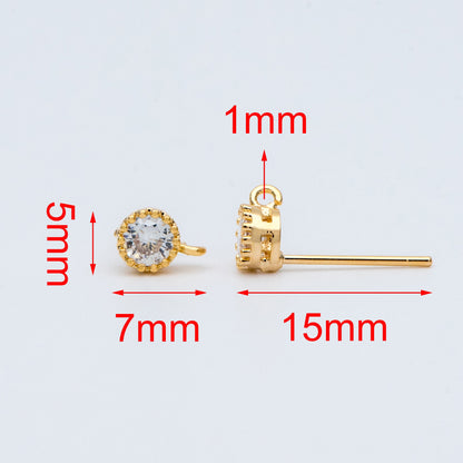 10pcs CZ Pave Gold/ Silver Ear Posts 5mm with Loops, 18K Gold/ Rhodium Plated Brass Stud Earrings (#GB-803)