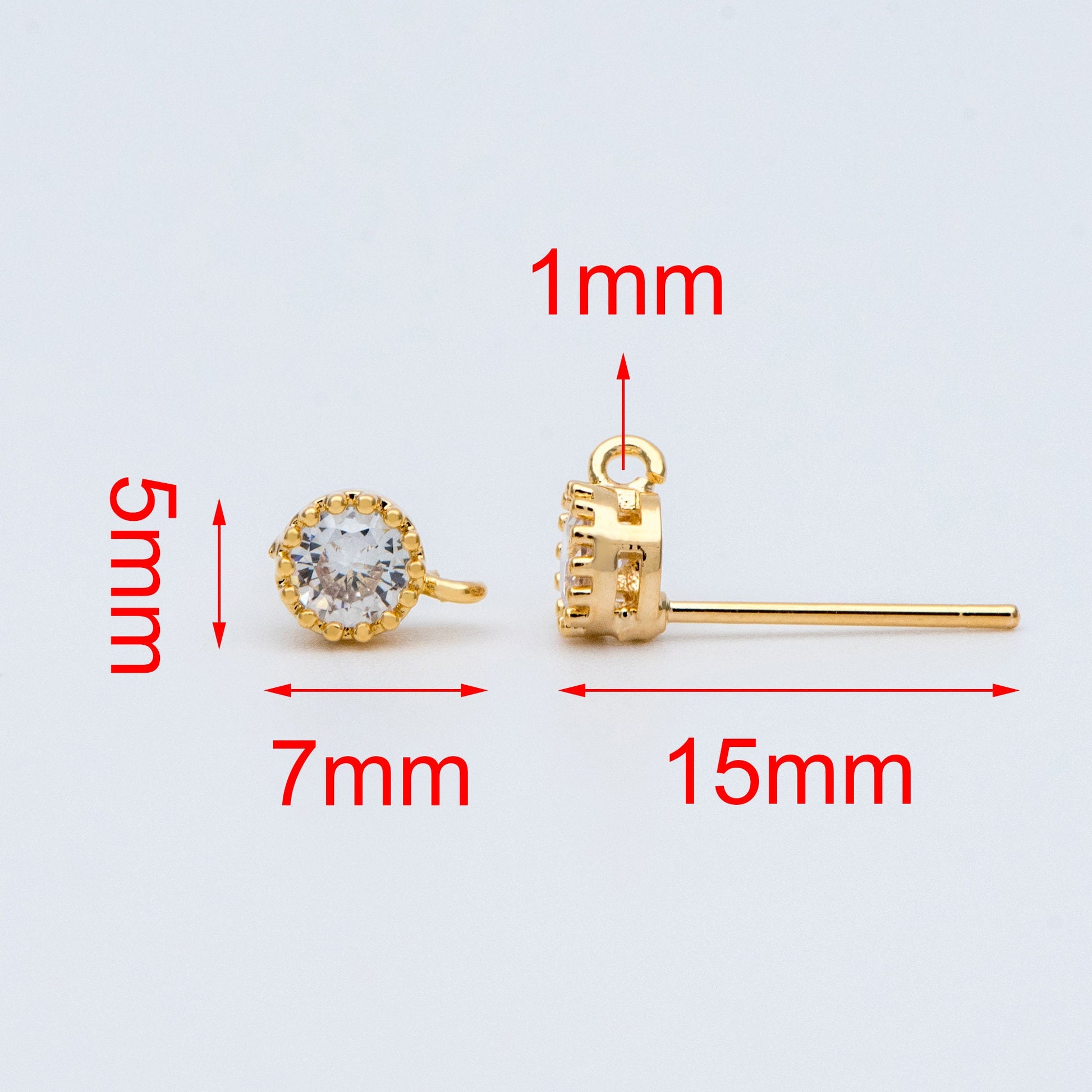10pcs CZ Pave Gold/ Silver Ear Posts 5mm with Loops, 18K Gold/ Rhodium Plated Brass Stud Earrings (#GB-803)