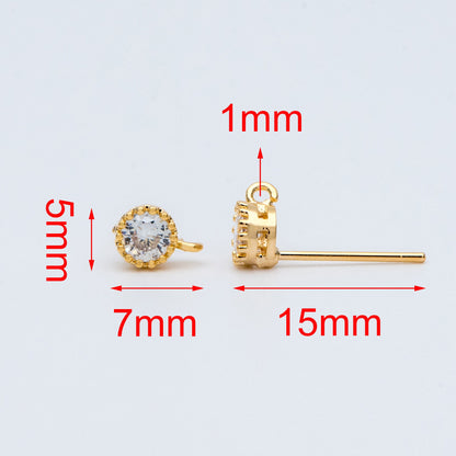 10pcs CZ Pave Gold/ Silver Ear Posts 5mm with Loops, 18K Gold/ Rhodium Plated Brass Stud Earrings (#GB-803)
