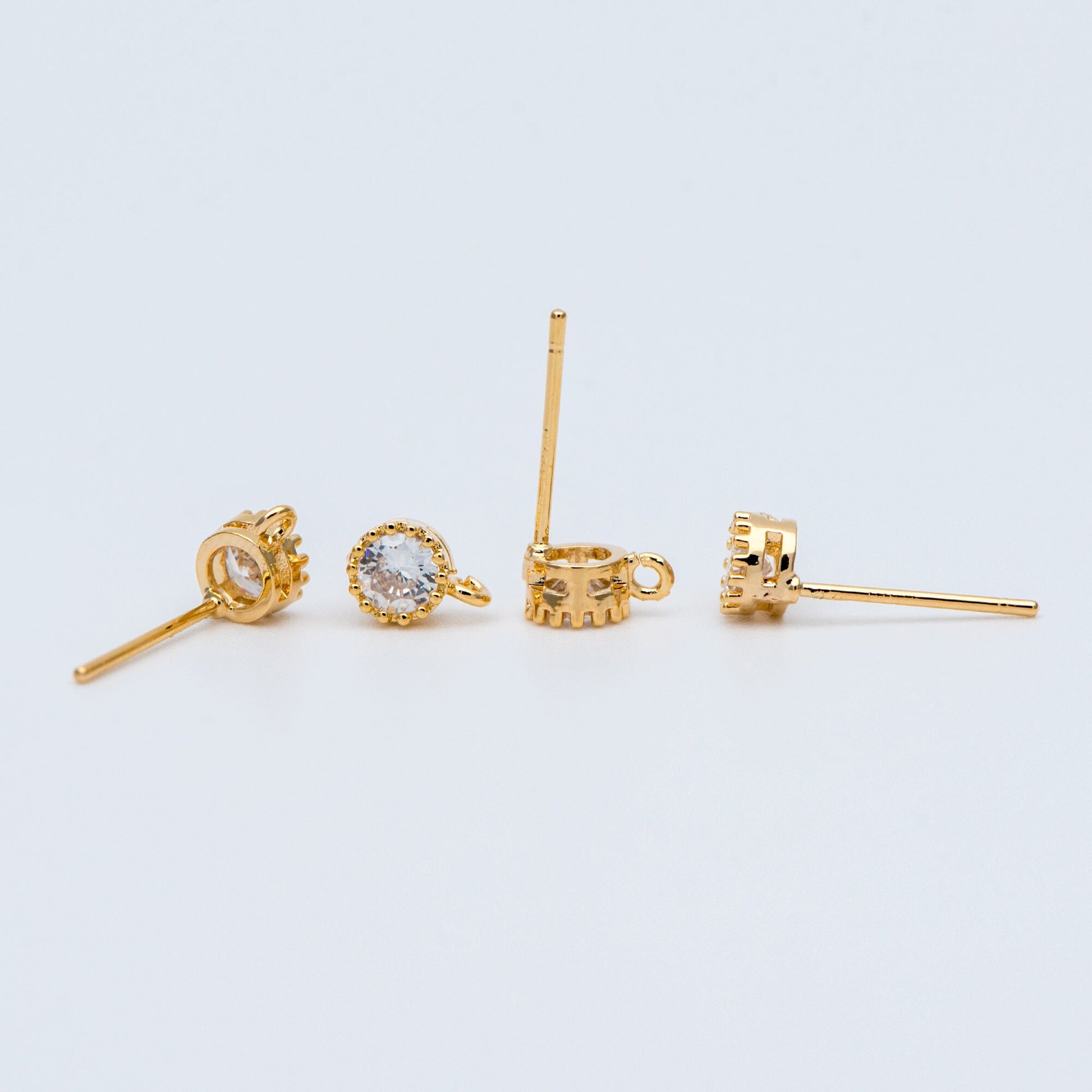 10pcs CZ Pave Gold/ Silver Ear Posts 5mm with Loops, 18K Gold/ Rhodium Plated Brass Stud Earrings (#GB-803)