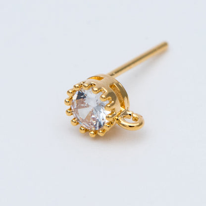 10pcs CZ Pave Gold/ Silver Ear Posts 5mm with Loops, 18K Gold/ Rhodium Plated Brass Stud Earrings (#GB-803)