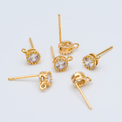 10pcs CZ Pave Gold/ Silver Ear Posts 5mm with Loops, 18K Gold/ Rhodium Plated Brass Stud Earrings (#GB-803)