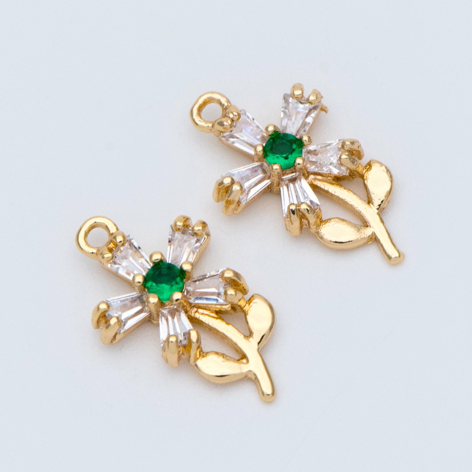 4pcs Gold CZ Flower Charms 13x8mm, 18K Gold plated Brass, Cubic Zirconia Floral Pendants (GB-4130-F)