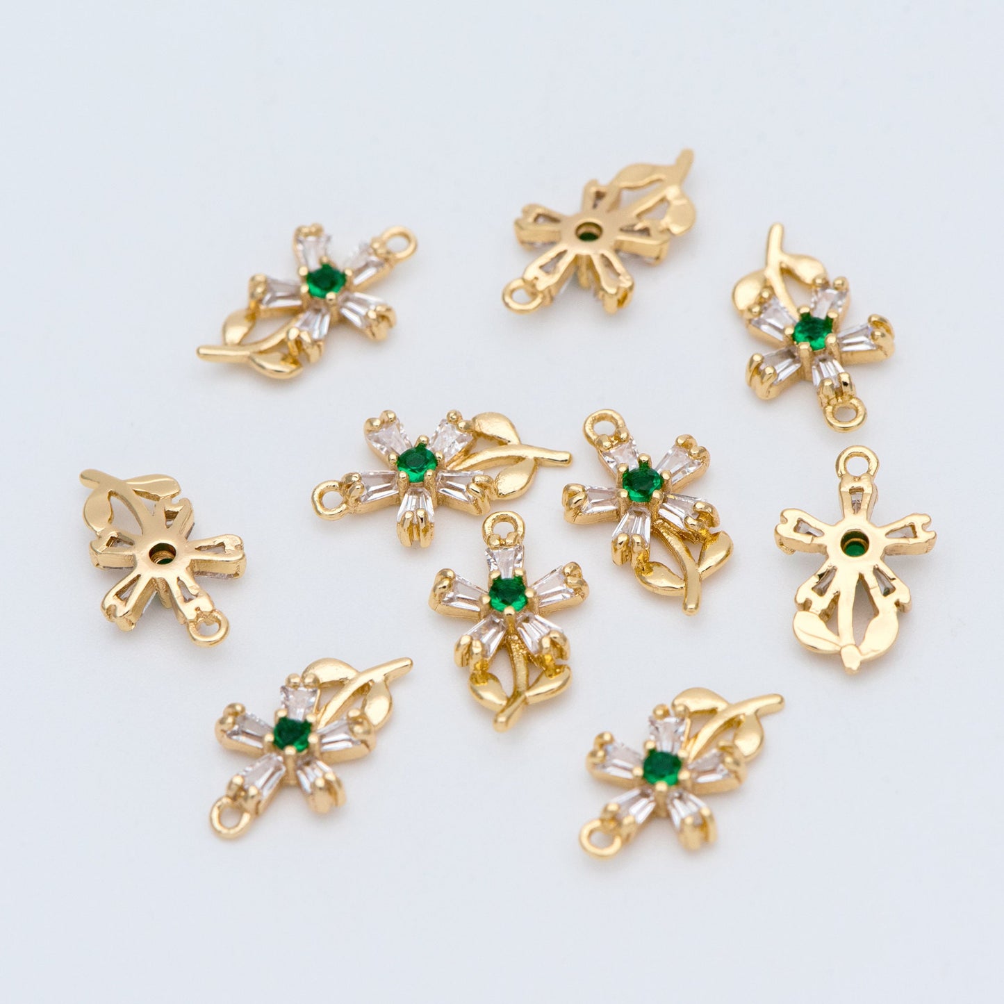 4pcs Gold CZ Flower Charms 13x8mm, 18K Gold plated Brass, Cubic Zirconia Floral Pendants (GB-4130-F)
