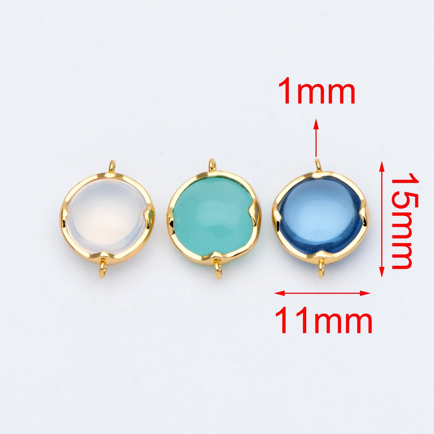 10pcs Gold Framed Glass Connector 15x11mm, Round Coin Bezel Charm Pendants, Clear Mint Blue (GB-805)