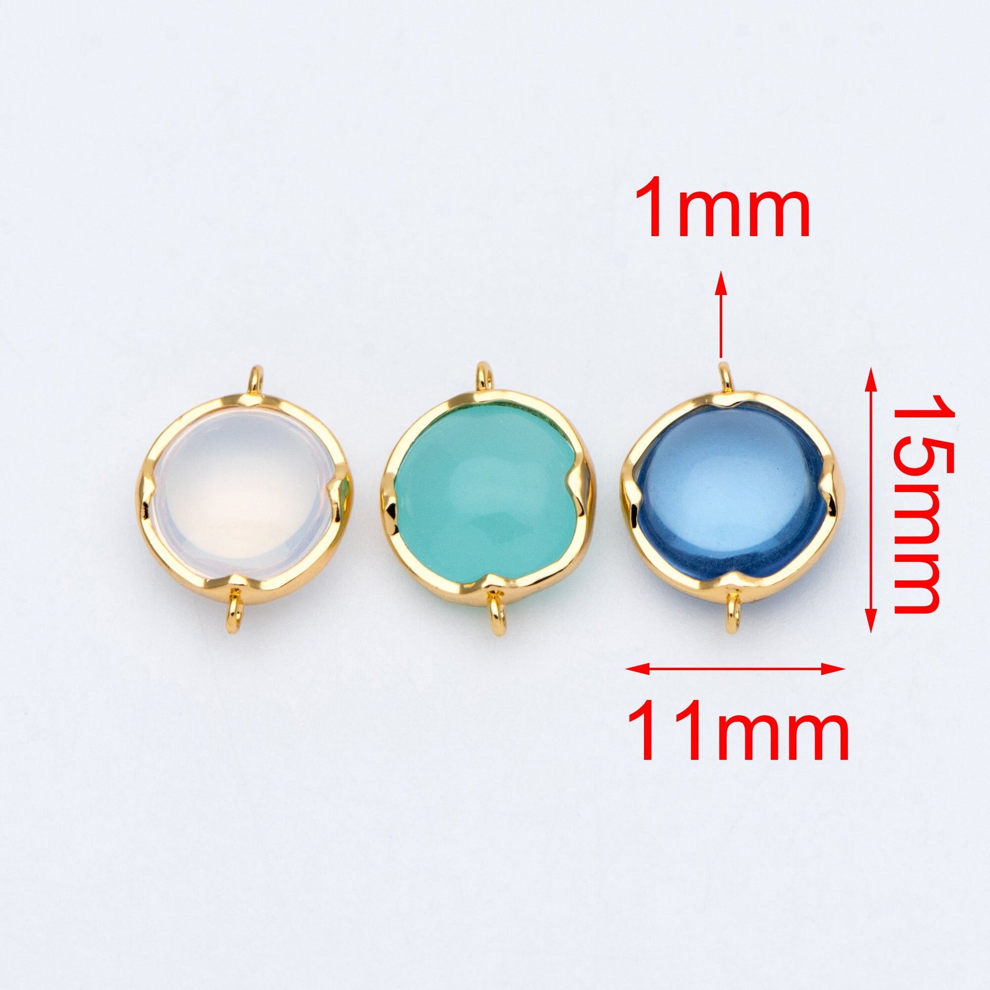 10pcs Gold Framed Glass Connector 15x11mm, Round Coin Bezel Charm Pendants, Clear Mint Blue (GB-805)