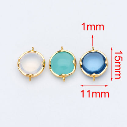10pcs Gold Framed Glass Connector 15x11mm, Round Coin Bezel Charm Pendants, Clear Mint Blue (GB-805)