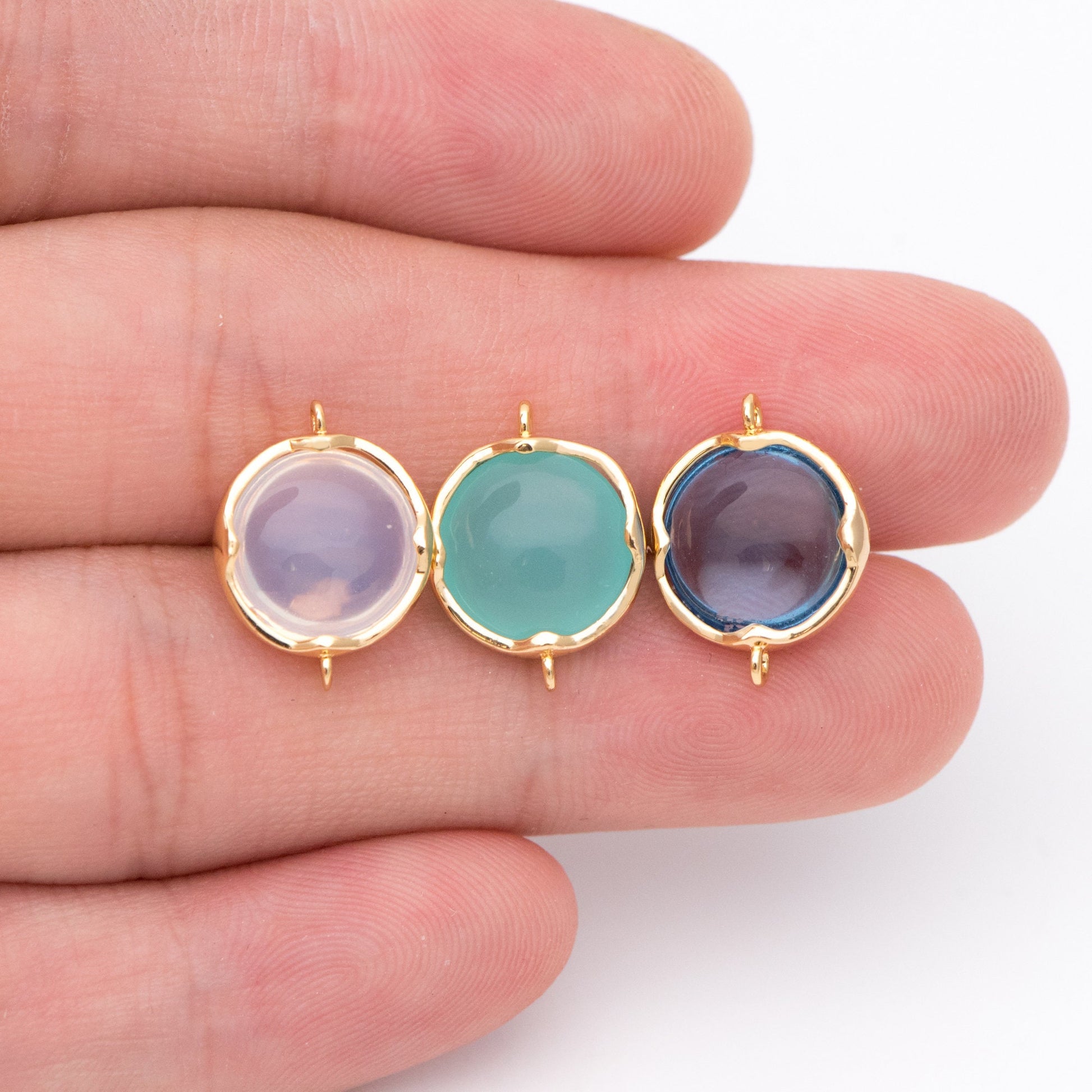 10pcs Gold Framed Glass Connector 15x11mm, Round Coin Bezel Charm Pendants, Clear Mint Blue (GB-805)