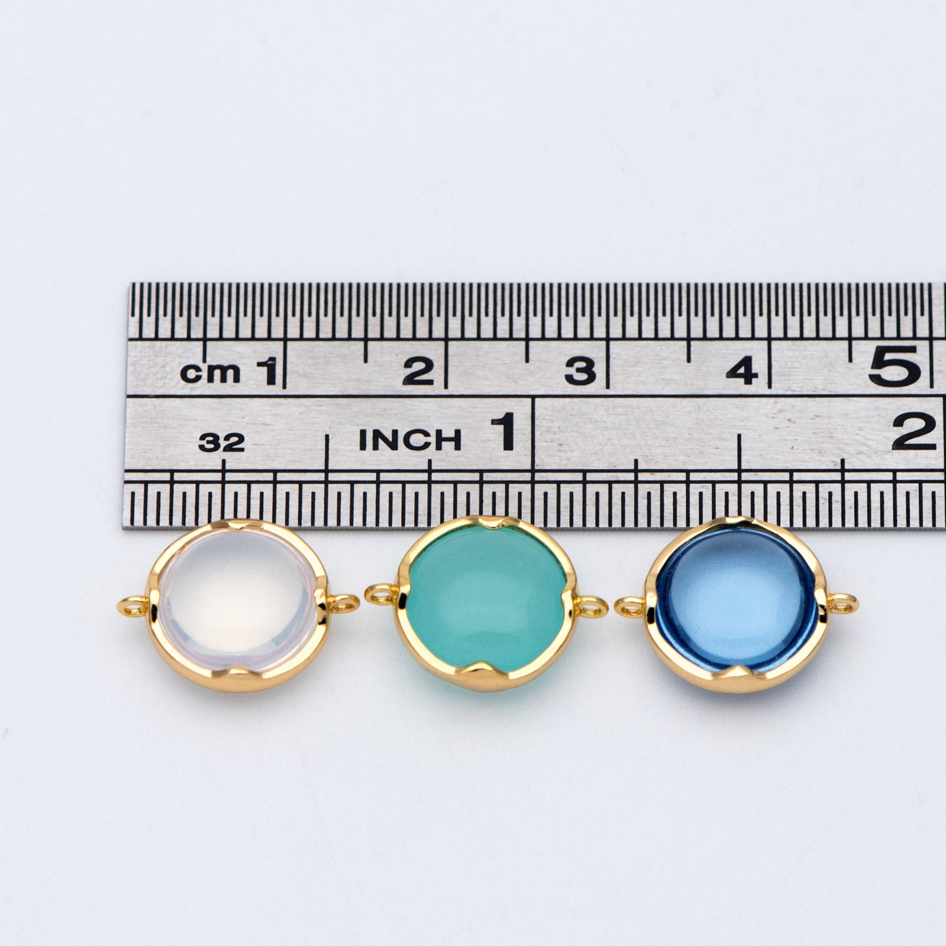 10pcs Gold Framed Glass Connector 15x11mm, Round Coin Bezel Charm Pendants, Clear Mint Blue (GB-805)