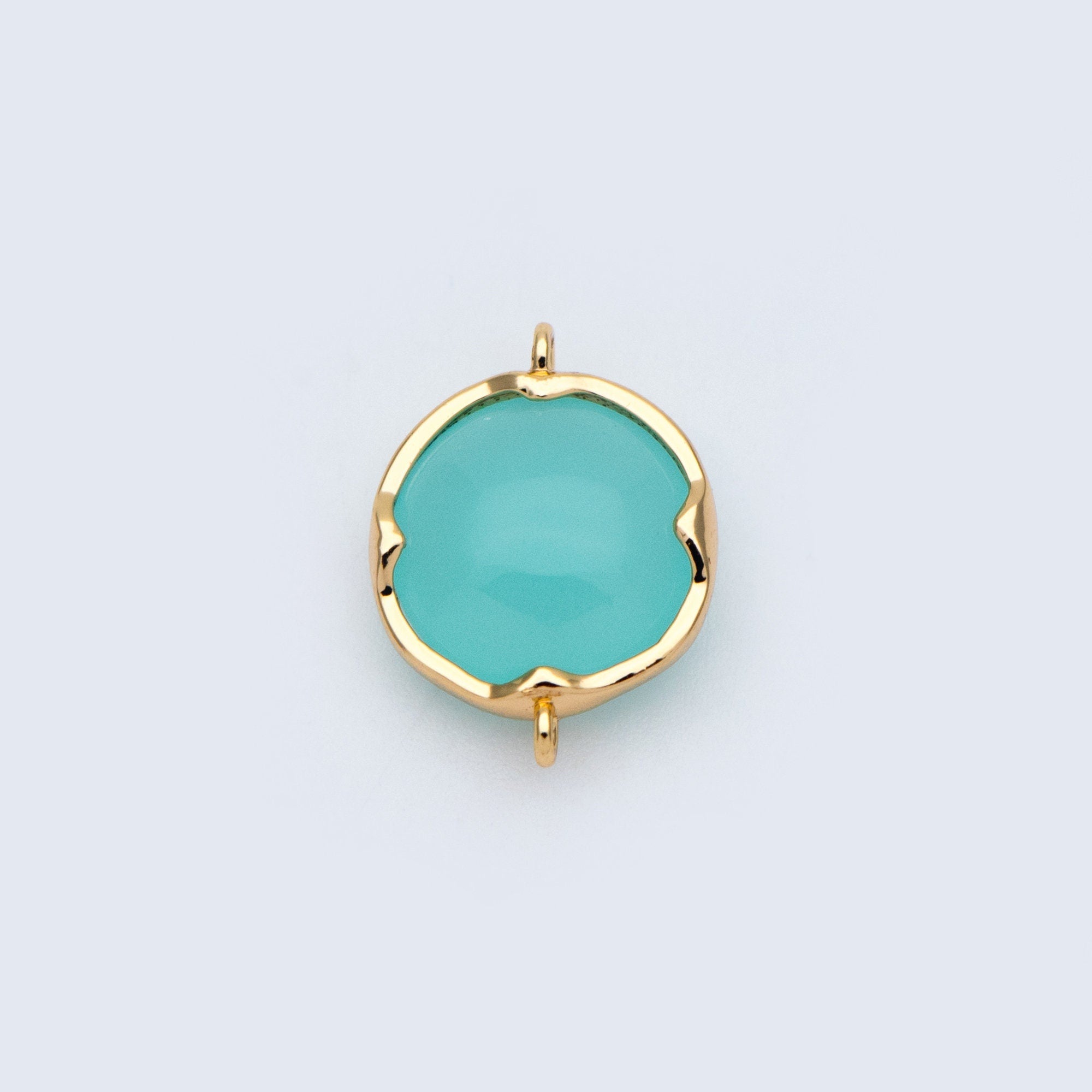 10pcs Gold Framed Glass Connector 15x11mm, Round Coin Bezel Charm Pendants, Clear Mint Blue (GB-805)