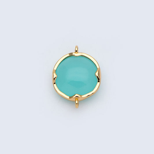 10pcs Gold Framed Glass Connector 15x11mm, Round Coin Bezel Charm Pendants, Clear Mint Blue (GB-805)
