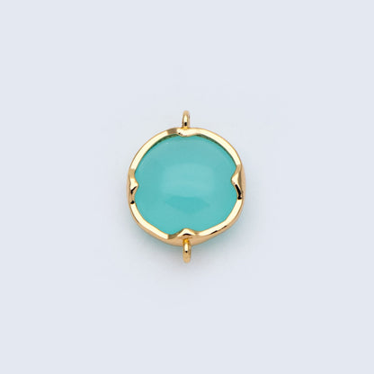 10pcs Gold Framed Glass Connector 15x11mm, Round Coin Bezel Charm Pendants, Clear Mint Blue (GB-805)