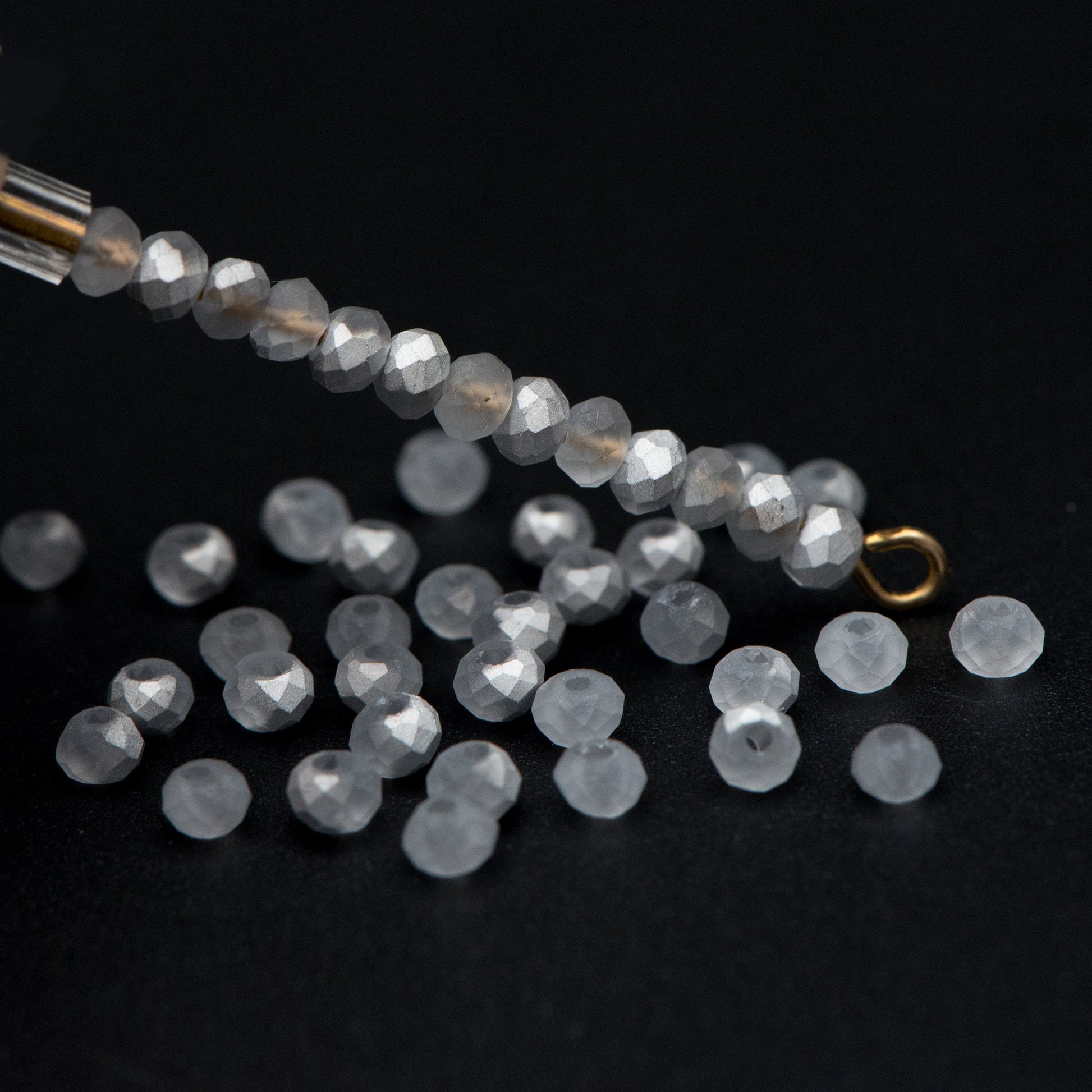 Crystal Glass Rondelle Faceted Tiny beads 3mm, Half Silver Matte (#BZ99-4) (A set of 190 beads)