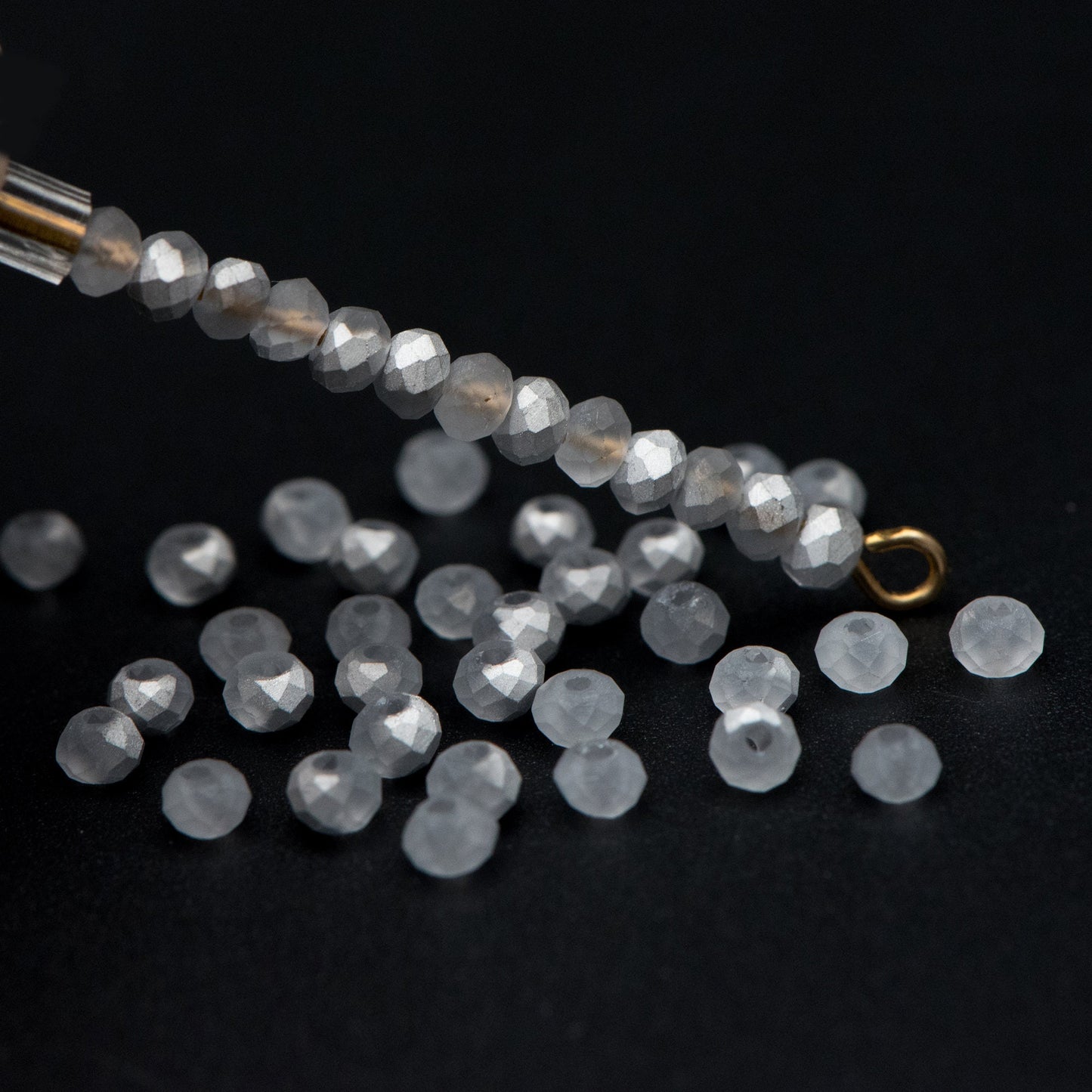 Crystal Glass Rondelle Faceted Tiny beads 3mm, Half Silver Matte (#BZ99-4) (A set of 190 beads)