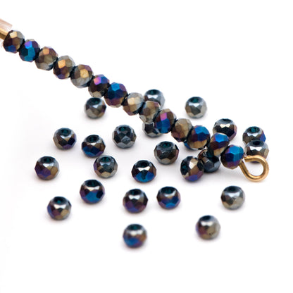 Crystal Glass Rondelle Faceted Tiny beads 3mm, Half Metal Blue (#BZ99-13) (A set of 190 beads)