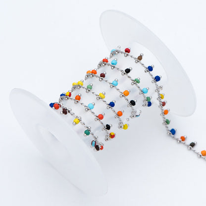 Rhodium plated Brass Beaded Chains, 1.8mm Chain with Glass Seed Beads, Necklace Chain Components (#LK-271-4)/ 1 Meter=3.3 ft