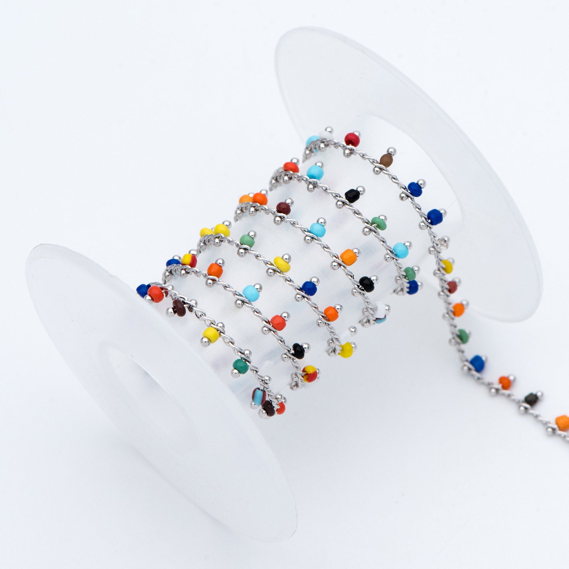 Rhodium plated Brass Beaded Chains, 1.8mm Chain with Glass Seed Beads, Necklace Chain Components (#LK-271-4)/ 1 Meter=3.3 ft