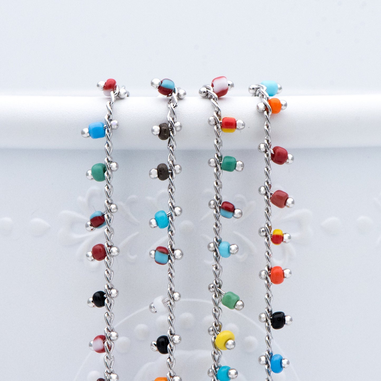 Rhodium plated Brass Beaded Chains, 1.8mm Chain with Glass Seed Beads, Necklace Chain Components (#LK-271-4)/ 1 Meter=3.3 ft