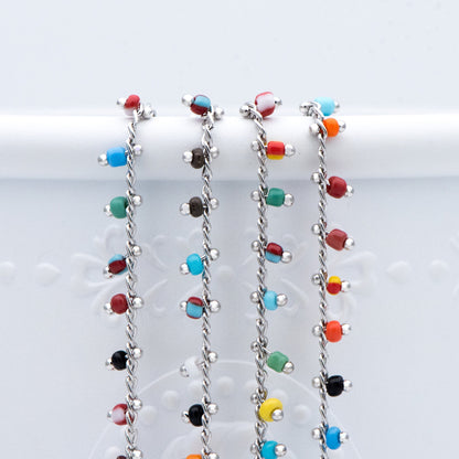 Rhodium plated Brass Beaded Chains, 1.8mm Chain with Glass Seed Beads, Necklace Chain Components (#LK-271-4)/ 1 Meter=3.3 ft