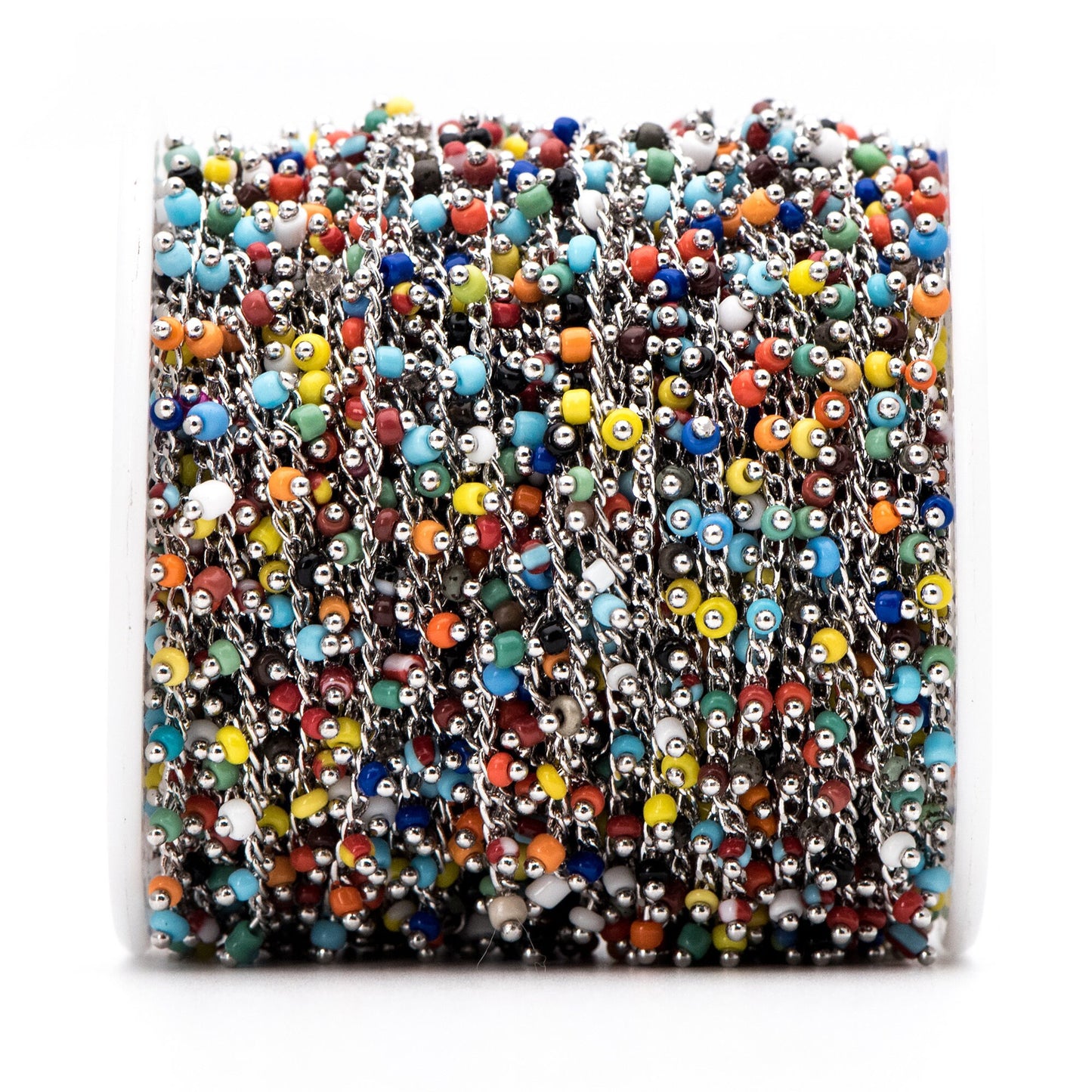 Rhodium plated Brass Beaded Chains, 1.8mm Chain with Glass Seed Beads, Necklace Chain Components (#LK-271-4)/ 1 Meter=3.3 ft